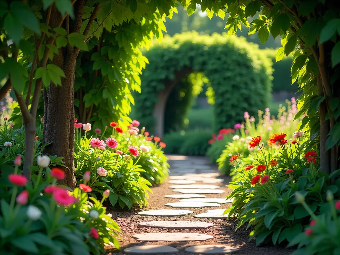 Combinación de jardín clásico con plantas verdes y flores coloridas