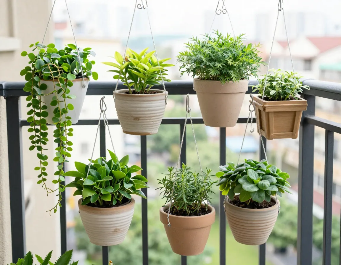 Arreglo de balcón urbano con macetas colgantes y plantas compactas